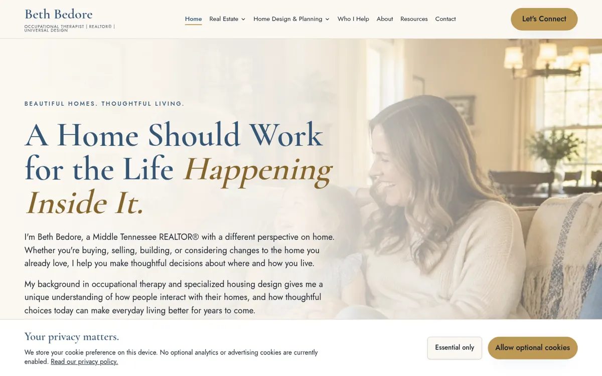 Website screenshot of Beth Bedore