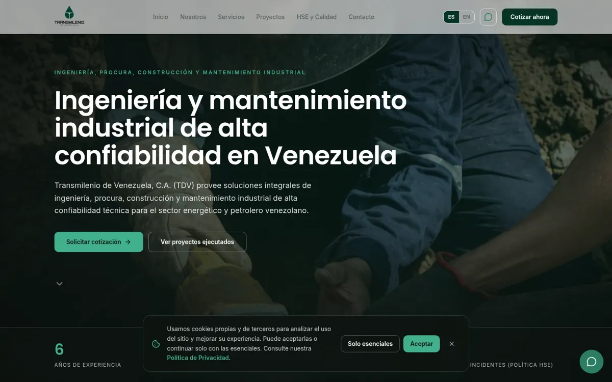 Website screenshot of Transmilenio de Venezuela, C.A. (TDV)