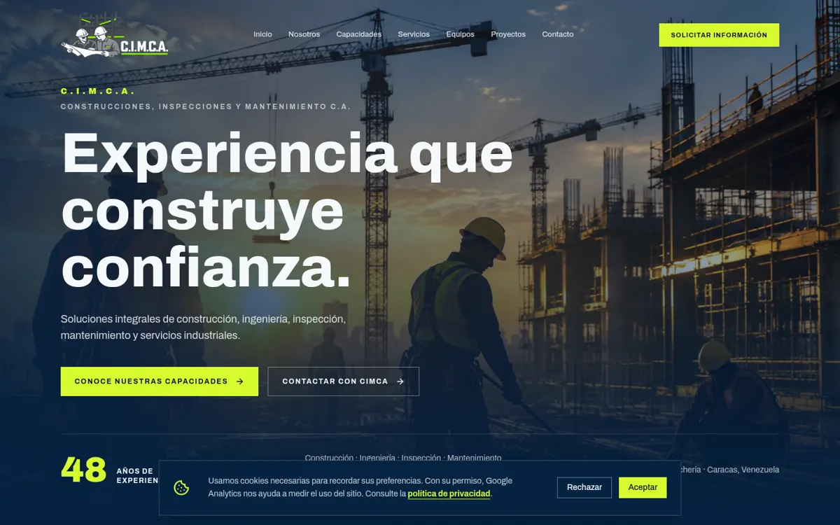 Website screenshot of CIMCA — Construcciones, Inspecciones y Mantenimiento C.A.